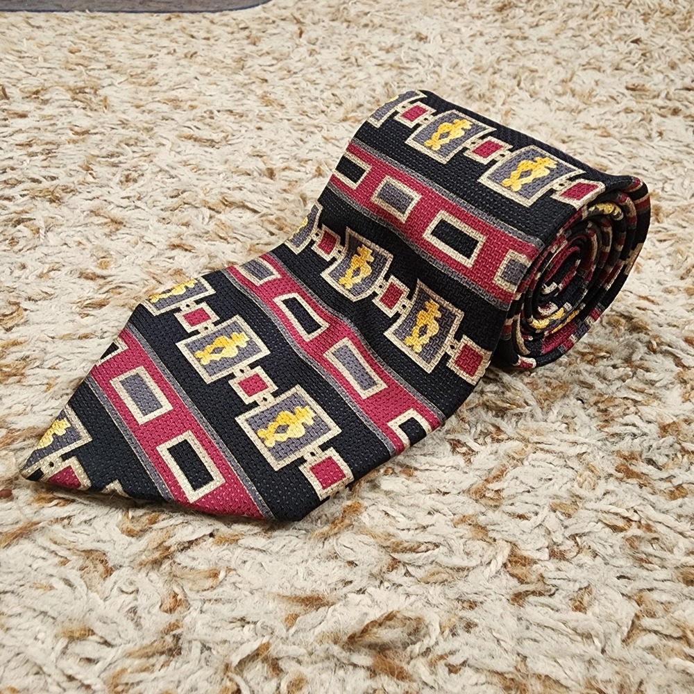 Christian Dior Cravate Black Yellow Burgundy‎ Gray Stipe Pattern Neck Tie